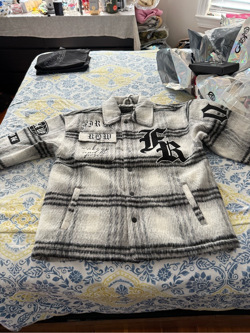 First Row Black White Plaid Buttoned Wool Blend Jacket with Embroidered Patches